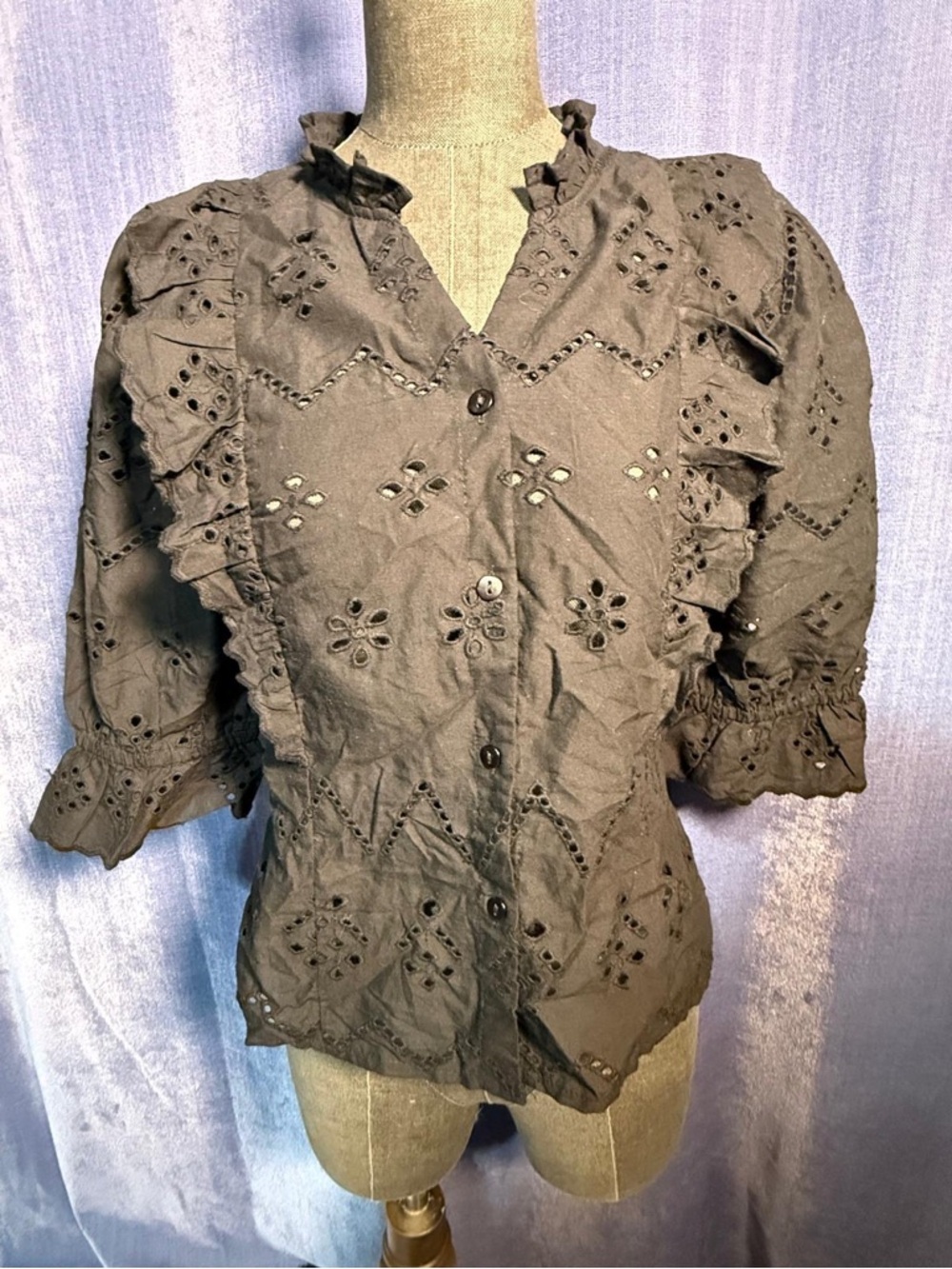 Rebellion Chocolate Black Eyelet Ruffle Button Blouse